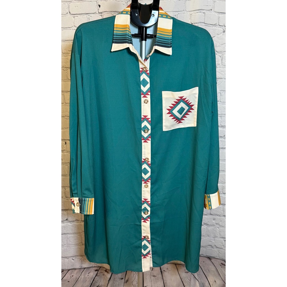 Rowdy Crowd Clothing Dutton Duster Dress XL Teal Southwestern Button Up Shirt
